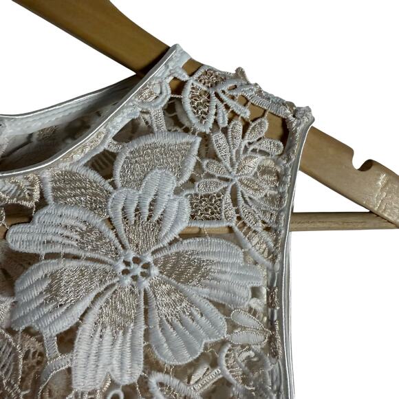 Shoshanna Ivory Gold Sleeveless Floral Lace Midi Cocktail Dress Size 10 - Picture 5 of 13